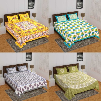 WAR TRADE 144 TC Cotton Double, King Floral Flat Bedsheet(Pack of 4, Blue, Yellow, multiclor)