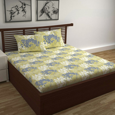 Divine Casa Cotton Double Flat 144 TC Floral Bedsheet(Pack of 1, Olive Green)