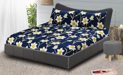 HATEXTILES 182 TC Polycotton King 3D Printed Fitted (Elastic) Bedsheet(Pack of 1, Blue, White)