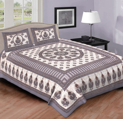CCC 144 TC Cotton Double Printed Flat Bedsheet(Pack of 1, Grey, White)