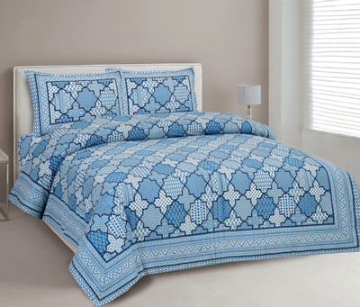 CLOTHOLOGY Cotton King Flat 240 TC Jaipuri Prints Bedsheet(Pack of 1, Mono Blue, White)