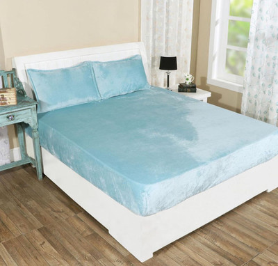 Jeeva Enterprises Velvet Double Fitted (Elastic) 220 TC Solid Bedsheet(Pack of 1, Sky Blue)