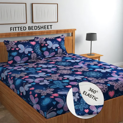 VIANSH 250 TC Microfiber Double 3D Printed Fitted (Elastic) Bedsheet(Pack of 1, Blue)