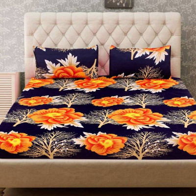 Vidhyaheandloom 144 TC Satin Double Floral Flat Bedsheet(Pack of 1, Blue)