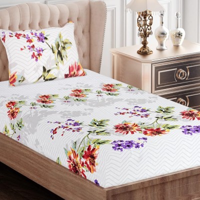 SEJ BY NISHA GUPTA 160 TC Cotton Single Floral Flat Bedsheet(Pack of 1, While_Blue) Bedsheet for Single Bed with 1 Pillow Cover)