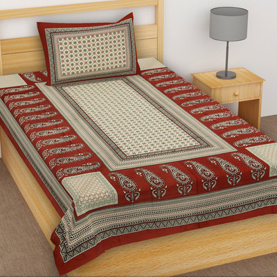 TANIKA - Belives in best quality 152 TC Cotton Single Jaipuri Prints Flat Bedsheet(Pack of 1, Maroon)
