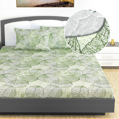 Divine Casa Cotton King Fitted (Elastic) 144 TC Floral Bedsheet(Pack of 1, Dill Green)