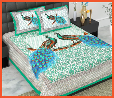 BedZone Cotton Double Flat 240 TC Jaipuri Prints Bedsheet(Pack of 1, Sky)