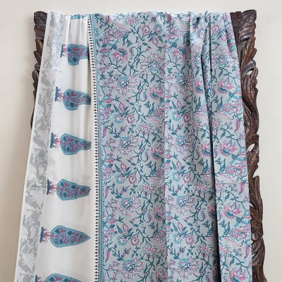 Shlokas Collective 200 TC Cotton King, Double Floral Flat Bedsheet(Pack of 1, Grey & Teal)