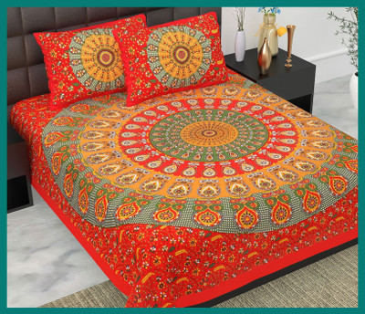 BedZone Cotton Double Flat 240 TC Jaipuri Prints Bedsheet(Pack of 1, Red)