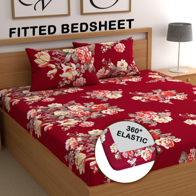 CG Homes Cotton King Fitted (Elastic) 180 TC Printed Bedsheet(Pack of 1, Red Floral)