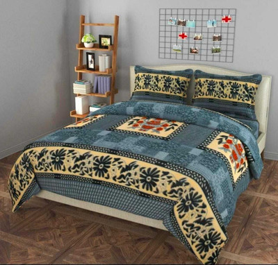 ARDM Woolen Double Flat 400 TC Floral Bedsheet(Pack of 1, Sky)