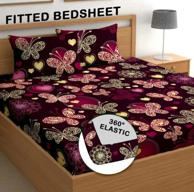 RisingStar 250 TC Cotton Double Printed Fitted (Elastic) Bedsheet(Pack of 1, Fitted Black,maroon_Double)
