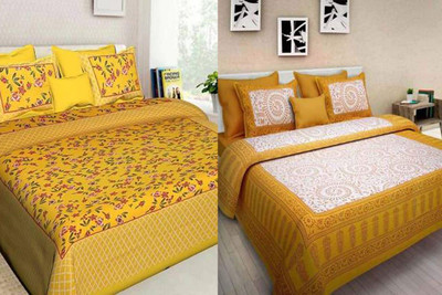 PALANG SHOBHA Cotton Double Flat 240 TC Jaipuri Prints Bedsheet(Pack of 2, Yellow, Yellow)