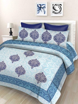 Lali Prints 165 TC Cotton Double Printed Flat Bedsheet(Pack of 1, White, Blue)