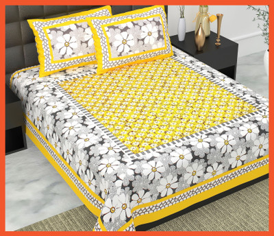 BedZone Cotton Double Flat 240 TC Jaipuri Prints Bedsheet(Pack of 1, Yellow)