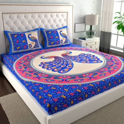 COZYKO Cotton Double Flat 144 TC Jaipuri Prints Bedsheet(Pack of 1, Blue)