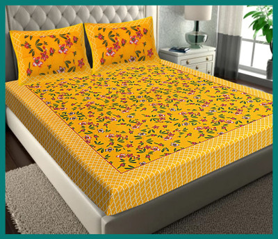 BedZone Cotton Double Flat 240 TC Jaipuri Prints Bedsheet(Pack of 1, Yellow)
