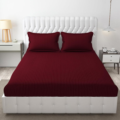 t tungol 310 TC Satin King Striped Fitted (Elastic) Bedsheet(Pack of 1, Maroon)
