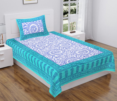 BATHAM HANDLOOM 104 TC Cotton Single Jaipuri Prints Flat Bedsheet(Pack of 1, sky blue)