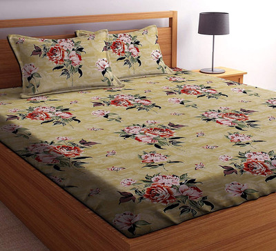 BEVI Microfiber Double Flat 300 TC Floral Bedsheet(Pack of 1, Beige)