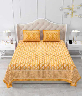 Castile Cotton King Flat 360 TC Floral Bedsheet(Pack of 1, Orange)