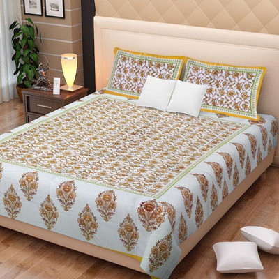 E ELMA 250 TC Cotton Double Jaipuri Prints Flat Bedsheet(Pack of 1, Yellow)