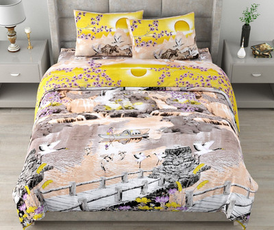 RJ Cotton King Flat 210 TC Printed Bedsheet(Pack of 1, Yellow)