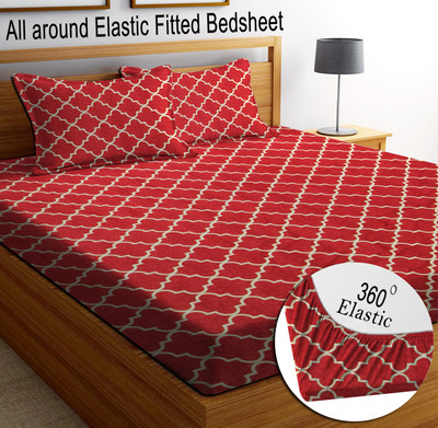 Italian Fab Cotton King Fitted (Elastic) 210 TC Printed Bedsheet(Pack of 1, FITTED RED TEMPLE HEARVY)