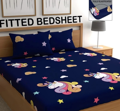 Kaashvi Microfiber Double Fitted (Elastic) 220 TC Striped Bedsheet(Pack of 1, Blue, Yellow, White)