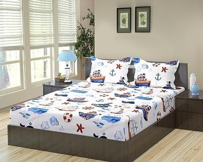Trance Home Linen 200 TC Cotton Single Printed Fitted (Elastic) Bedsheet(Pack of 1, Boat Blue)