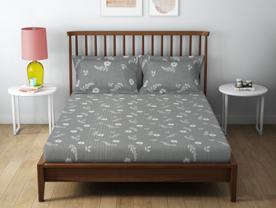 SPACES 132 TC Cotton Queen Printed Flat Bedsheet(Pack of 1, Grey)