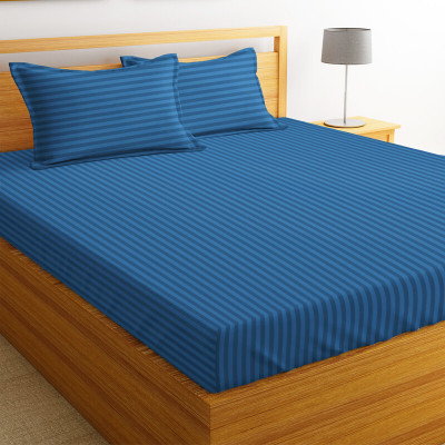 VAS COLLECTIONS 220 TC Cotton Double Striped Flat Bedsheet(Pack of 1, Dark Blue)