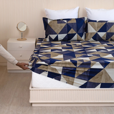 HOMEMONDE Cotton King Fitted (Elastic) 210 TC Printed Bedsheet(Pack of 1, Navy Blue & Green)