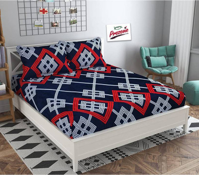 PROZONE 230 TC Velvet King Printed Fitted (Elastic) Bedsheet(Pack of 1, Trangle & Blue)