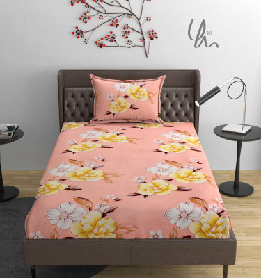 YaAkholic Cotton Single Flat 260 TC Printed Bedsheet(Pack of 1, Peach Flower)
