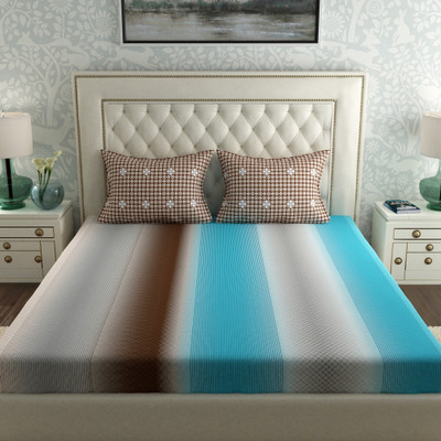 SPACES 144 TC Cotton Double Striped Flat Bedsheet(Pack of 1, Blue)