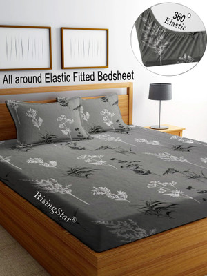 RisingStar Microfiber King Fitted (Elastic) 350 TC Printed Bedsheet(Pack of 1, FITTED-PREMIUM DARK GREY FLORAL)