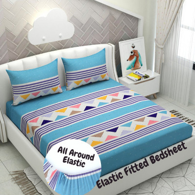 HIDECOR 250 TC Microfiber Double Striped Fitted (Elastic) Bedsheet(Pack of 1, Sky, White)