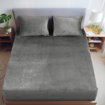 The Little Big Store Fleece King Fitted (Elastic) 250 TC Solid Bedsheet(Pack of 1, Grey)