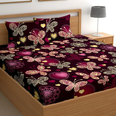 Decent Home Cotton Queen Fitted (Elastic) 240 TC Floral Bedsheet(Pack of 1, Black, Fits Upto 6 Inches Mattress)