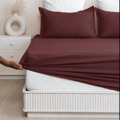 HOMEMONDE 210 TC Cotton Double Striped Fitted (Elastic) Bedsheet(Pack of 1, Maroon)