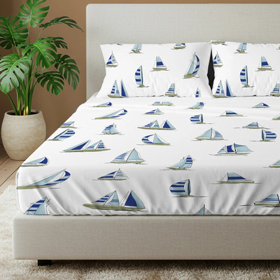 Urban Space Cotton Double Flat 144 TC Printed Bedsheet(Pack of 1, Blue, White)