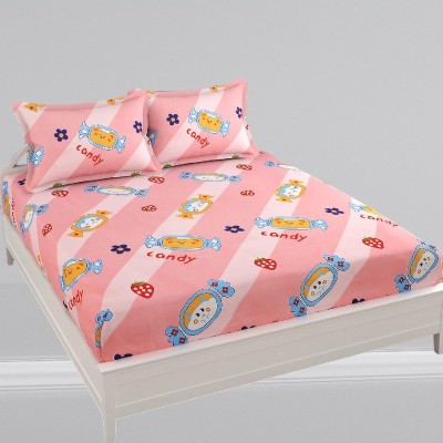 HOMYBEES 240 TC Cotton King Printed Fitted (Elastic) Bedsheet(Pack of 1, Pink)