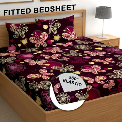 EchoDwell 254 TC Cotton King Printed Fitted (Elastic) Bedsheet(Pack of 1, Pink Butterfly)