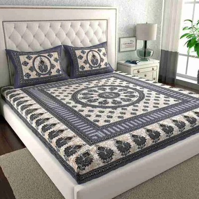 Relaxfeel Cotton Double Flat 244 TC Printed Bedsheet(Pack of 1, GREYCIRCLEJAIPURI)