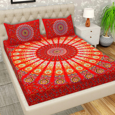 Cosito 144 TC Cotton Double Jaipuri Prints Flat Bedsheet(Pack of 1, Red, Orange)