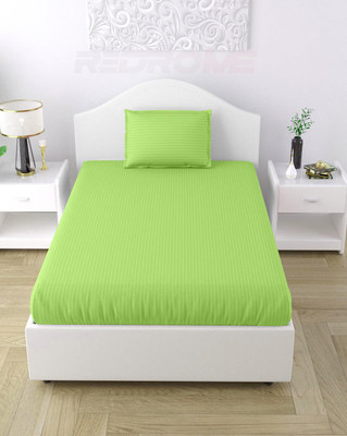 WUSA Satin Single Flat 210 TC Striped Bedsheet(Pack of 1, Green)