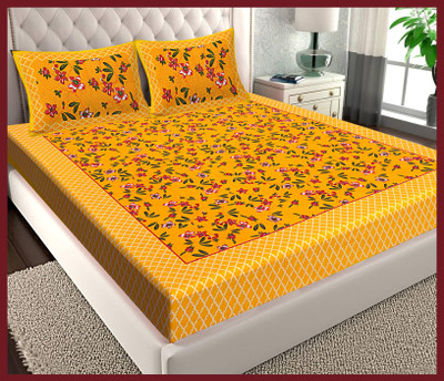 JAIPUR PRINTS Cotton Double Flat 144 TC Jaipuri Prints Bedsheet(Pack of 1, Yellow)