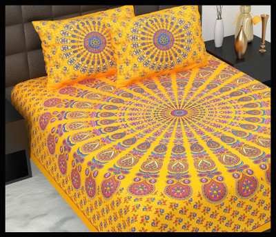 JAIPUR PRINTS Cotton Double Flat 160 TC Jaipuri Prints Bedsheet(Pack of 1, Yellow)